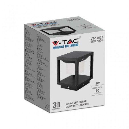 V-TAC PILASTRINO SOLARE LED CON SENSORE DI MOVIMENTO 3000K NERO IP65 - SKU: 6805 - 11022-B