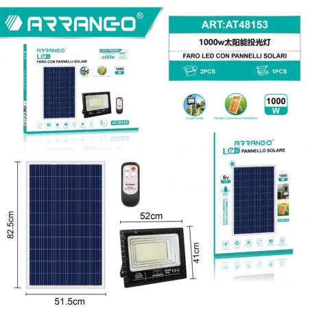 " Faro LED con Pannello Solare 1000W Timer Telecomando IP67 - AT48153