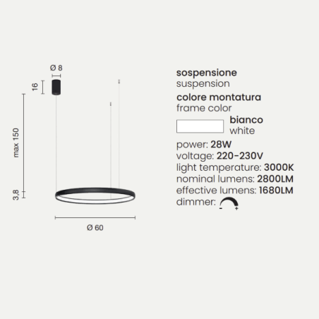 Lampada a sospensione con cerchio orizzontale in metallo Bianco 60 cm NOVA ondaluce