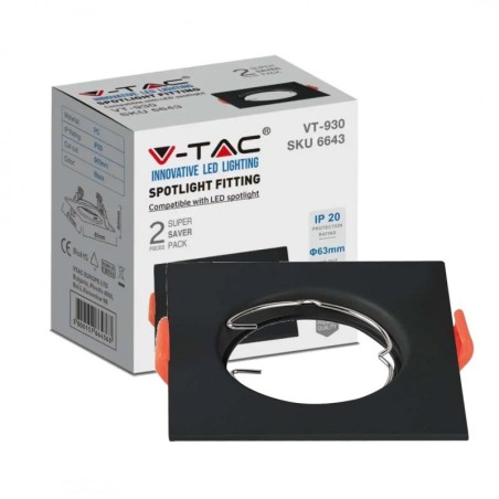 V-TAC PORTAFARETTO LED DA INCASSO QUADRATO GU10 FORO Ø:63mm NERO - SKU: 6643 - VT-930