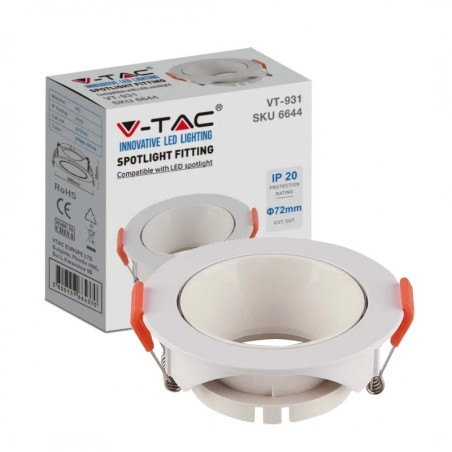 V-TAC PORTAFARETTO LED DA INCASSO ROTONDO GU10 FORO Ø:72mm BIANCO CON INTERNO BIANCO - SKU: 6644 - VT-931