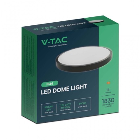 V-TAC PLAFONIERA LED 18W 4000K 1830LM ROTONDA Ø:225mm IP44 CORNICE NERA - SKU: 76341 - VT-8618