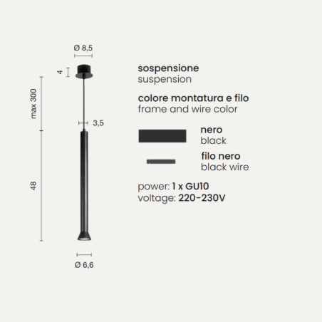 Lampada a sospensione in metallo verniciato Nero LILA Grande D6,6 cm ONDALUCE