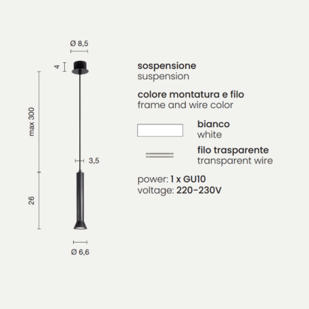 Lampada a sospensione in metallo verniciato Bianco LILA Piccolo D6,6 cm ONDALUCE