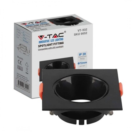 V-TAC PORTAFARETTO LED DA INCASSO QUADRATO GU10 FORO Ø:72mm NERO CON INTERNO NERO - SKU: 6652 - VT-932