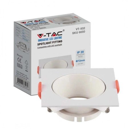 V-TAC PORTAFARETTO LED DA INCASSO QUADRATO GU10 FORO Ø:72mm BIANCO CON INTERNO BIANCO -SKU: 6650 - VT-932