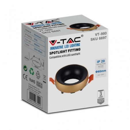 V-TAC PORTAFARETTO LED DA INCASSO ROTONDO GU10 FORO Ø:60mm ORO CON RIFLETTORE NERO - SKU: 6697 - VT-980
