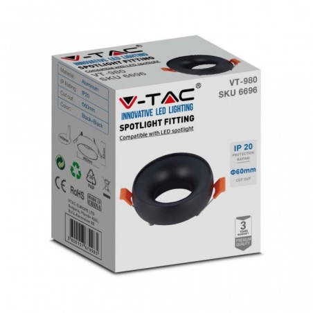 V-TAC PORTAFARETTO LED DA INCASSO ROTONDO GU10 FORO Ø:60mm NERO CON RIFLETTORE NERO - SKU: 6696 - VT-980