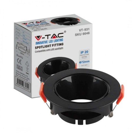 V-TAC PORTAFARETTO LED DA INCASSO ROTONDO GU10 FORO Ø:72mm NERO CON INTERNO NERO - SKU: 6646 - VT-931