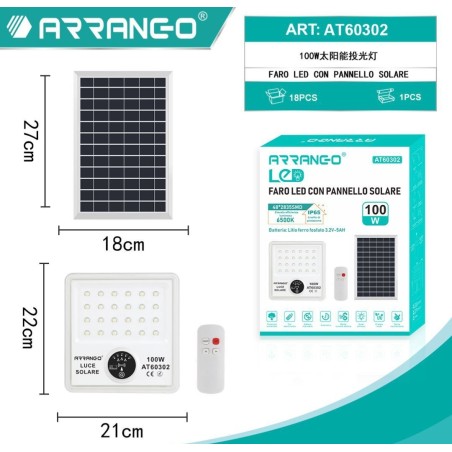 Faro LED con Pannello Solare 100W Telecomando IP67 - AT60302 8388779603021