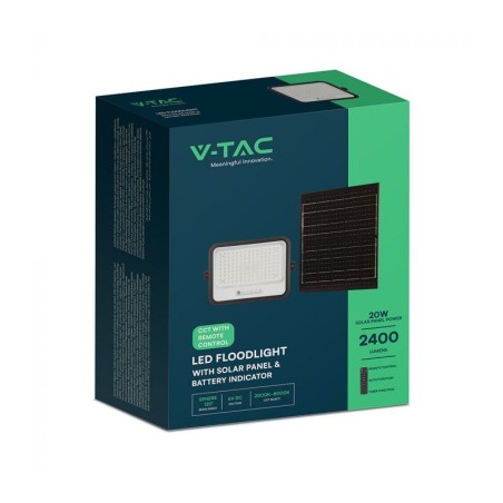 V-TAC PROIETTORE LED 300W CCT 2000K-8000K 2400LM IP65 PANNELLO SOLARE TELECOMANDO E SENSORE CREPUSCOLARE - SKU: 24085 - VT-54W