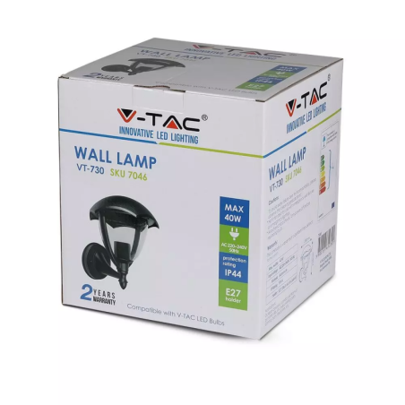 VTAC LANTERNA A MURO CON PORTALAMPADA E27 IP44 NERA - SKU: 7046 - VT-730