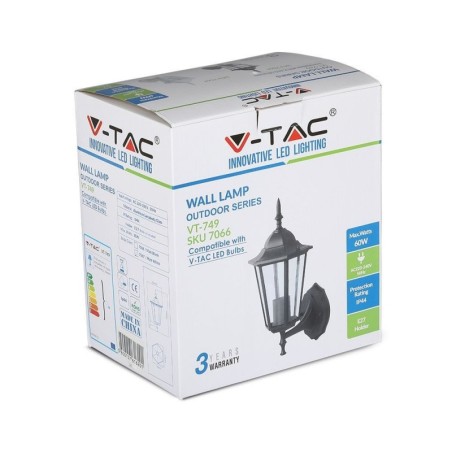 V-TAC LANTERNA A MURO PER LAMPADINA E27 IP44 NERO - SKU: 7066 - VT-749
