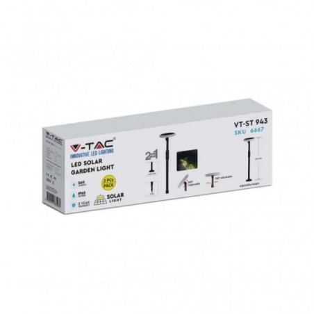 V-TAC PIANTANA LED SOLARE 3W 4000K NERA IP65 H:80cm CON BASE D'APPOGGIO O PICHHETTO - SKU: 6667 - SKU: 943 - VT-943